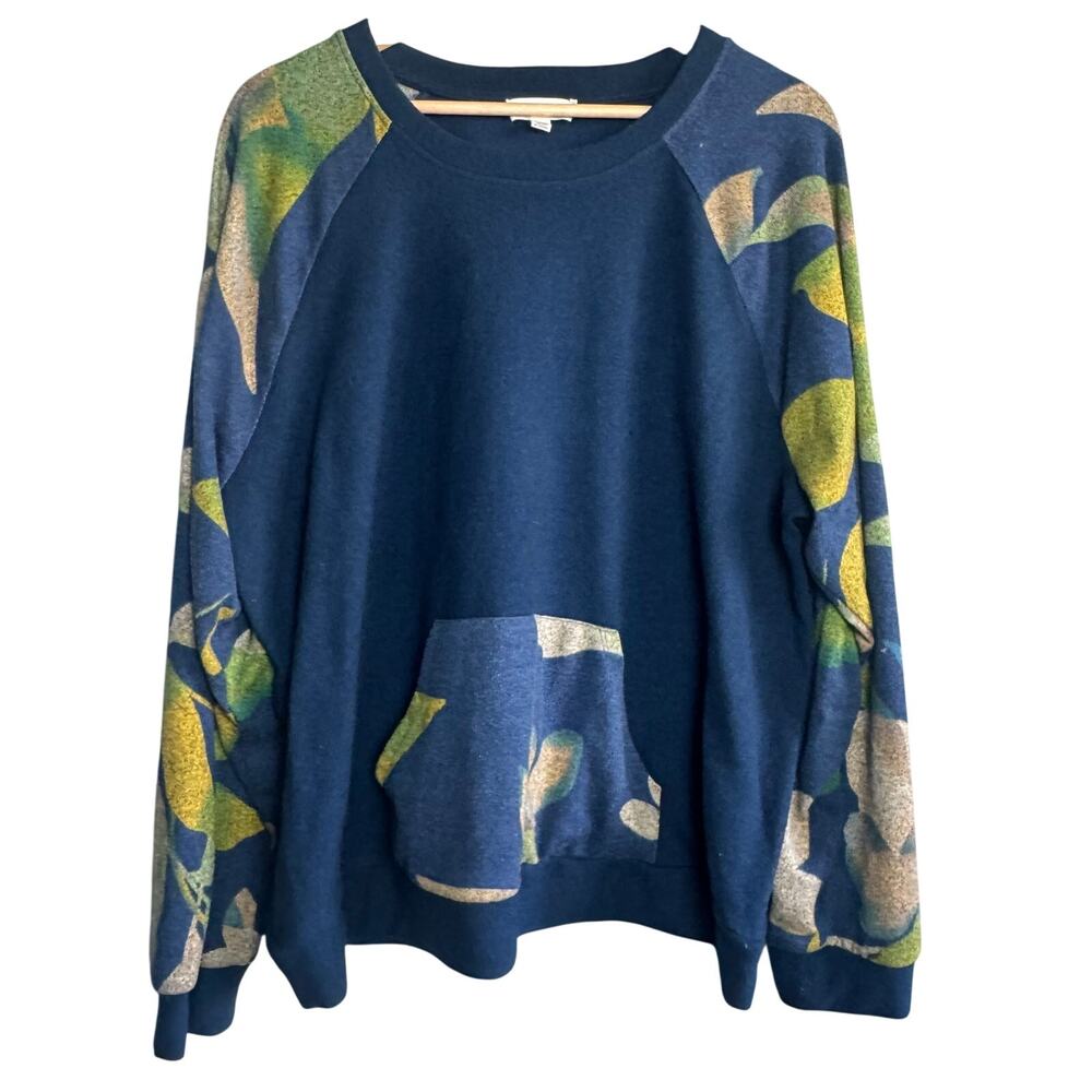 Rio & Rian Blue Floral Sweatshirt 2X | Raglan Sleeve Pullover w/ Front Pocket